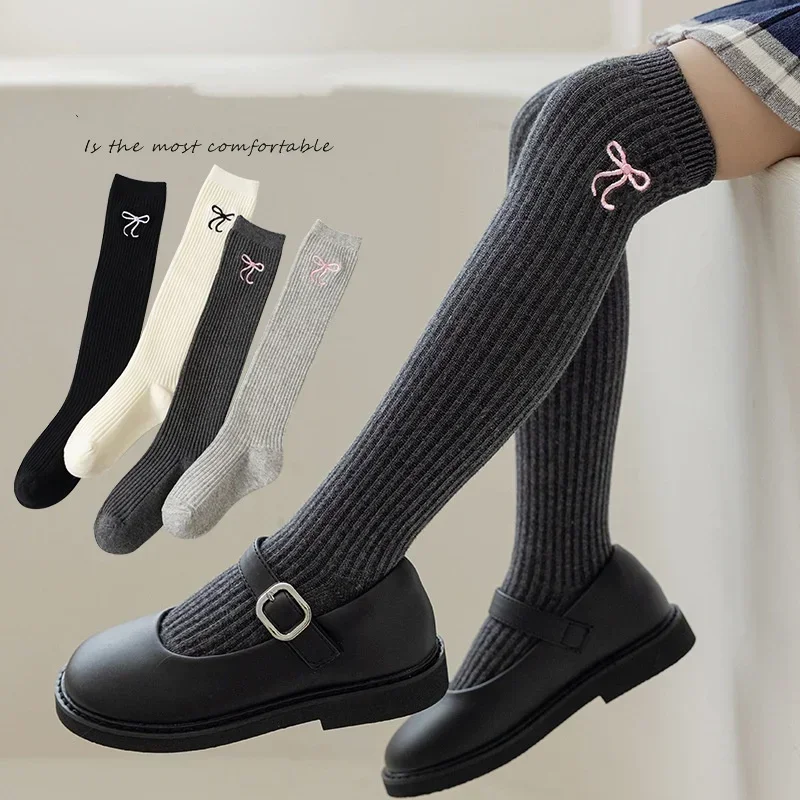 Baby Sock Oximeter - ถุงเท้ายาวถึงเข่าสำหรับเด็กผู้หญิง ลายโบว์สีขาวหวานๆ ผ้าฝ้ายลายแจ็คการ์ด ถุงน่องสำหรับเด็ก ถุงเท้านักเรียน